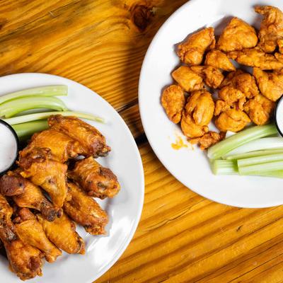 Boneless wings and buffalo wings.