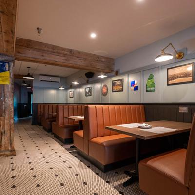 Interior, restaurant booths.