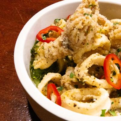 Fried calamari with Fresno chilis.