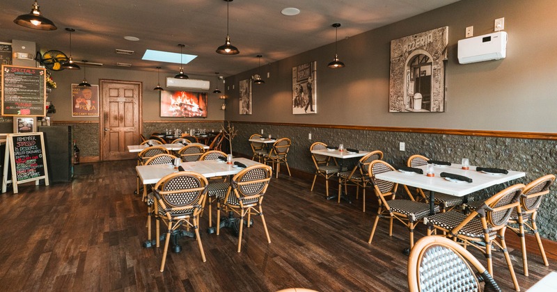 Interior seating area with chairs and tables