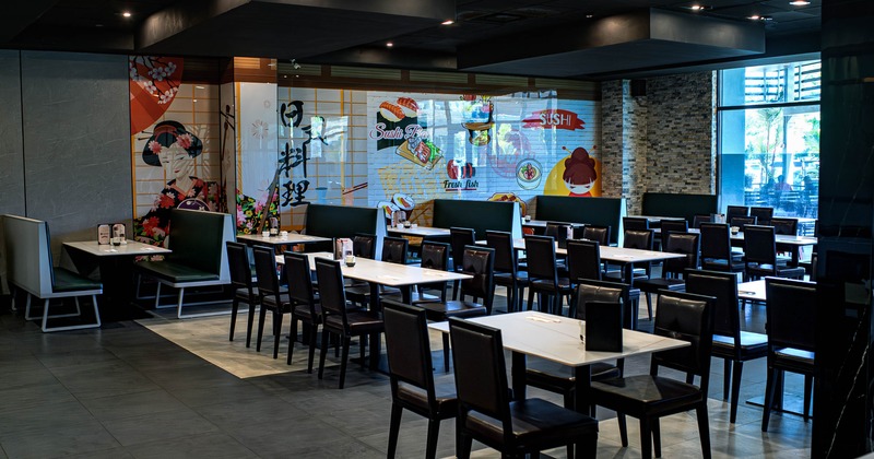 Interior, dining area, tables ready for guests