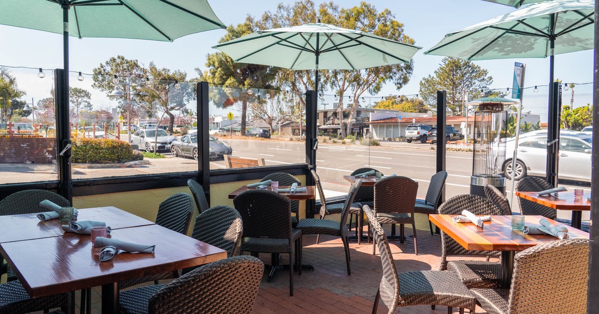 Outdoor seating under umbrellas