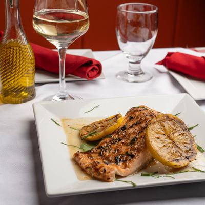 Grilled Salmon, with lemon butter sauce.