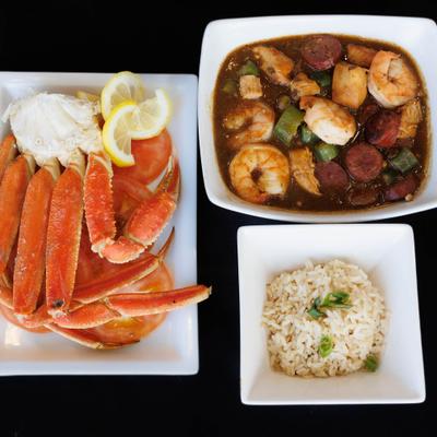 Shrimp and sausage gumbo, crab legs, and brown rice.