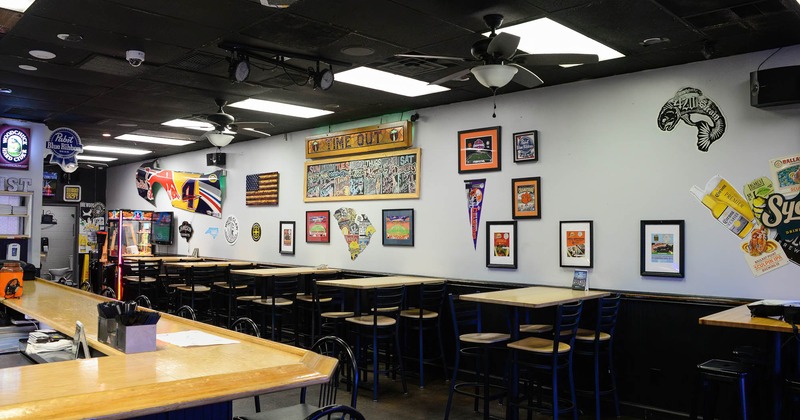 Interior, food counter, dining tables and seats, wall decor