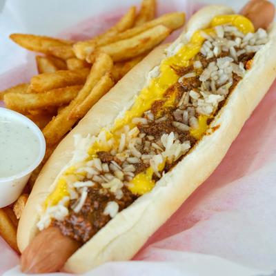 Chili Cheese Dog, with fries.