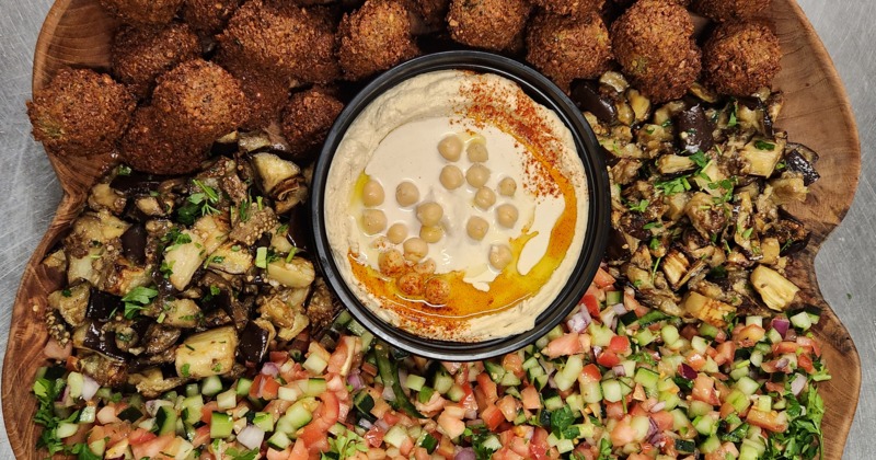 falafel, eggplants, Israeli salad, hummus