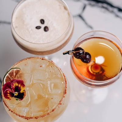 Espresso Martini, Manhattan, and Spicy Margarita, top view.