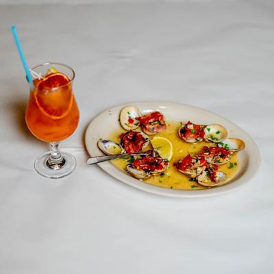Clams Casino and Ginger Sun cocktail.
