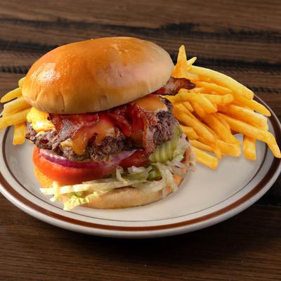 Bacon Cheddar Burger with side of fries.