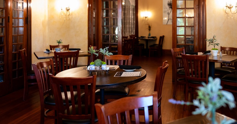 Restaurant interior, dining room with dining tables