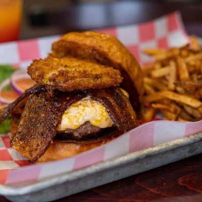 Pimento cheeseburger, with bacon, fried green tomato, and fries.