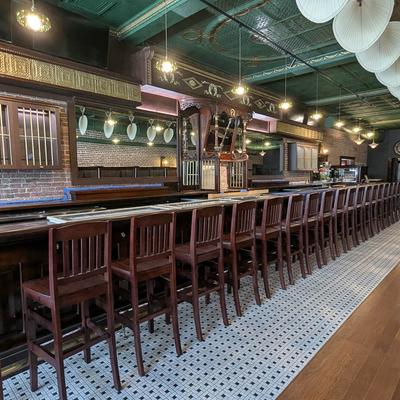 Long wooden bar with numerous stools and a decorative green ceiling.