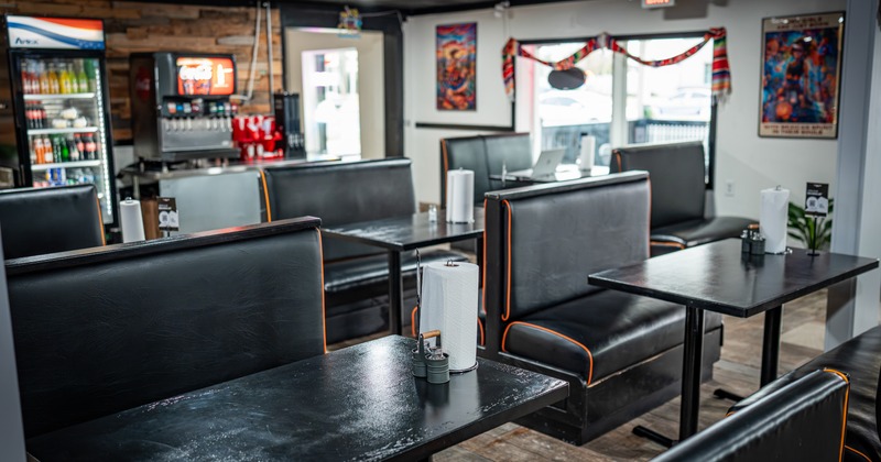 Interior, diner srea, booths, tables, chairs