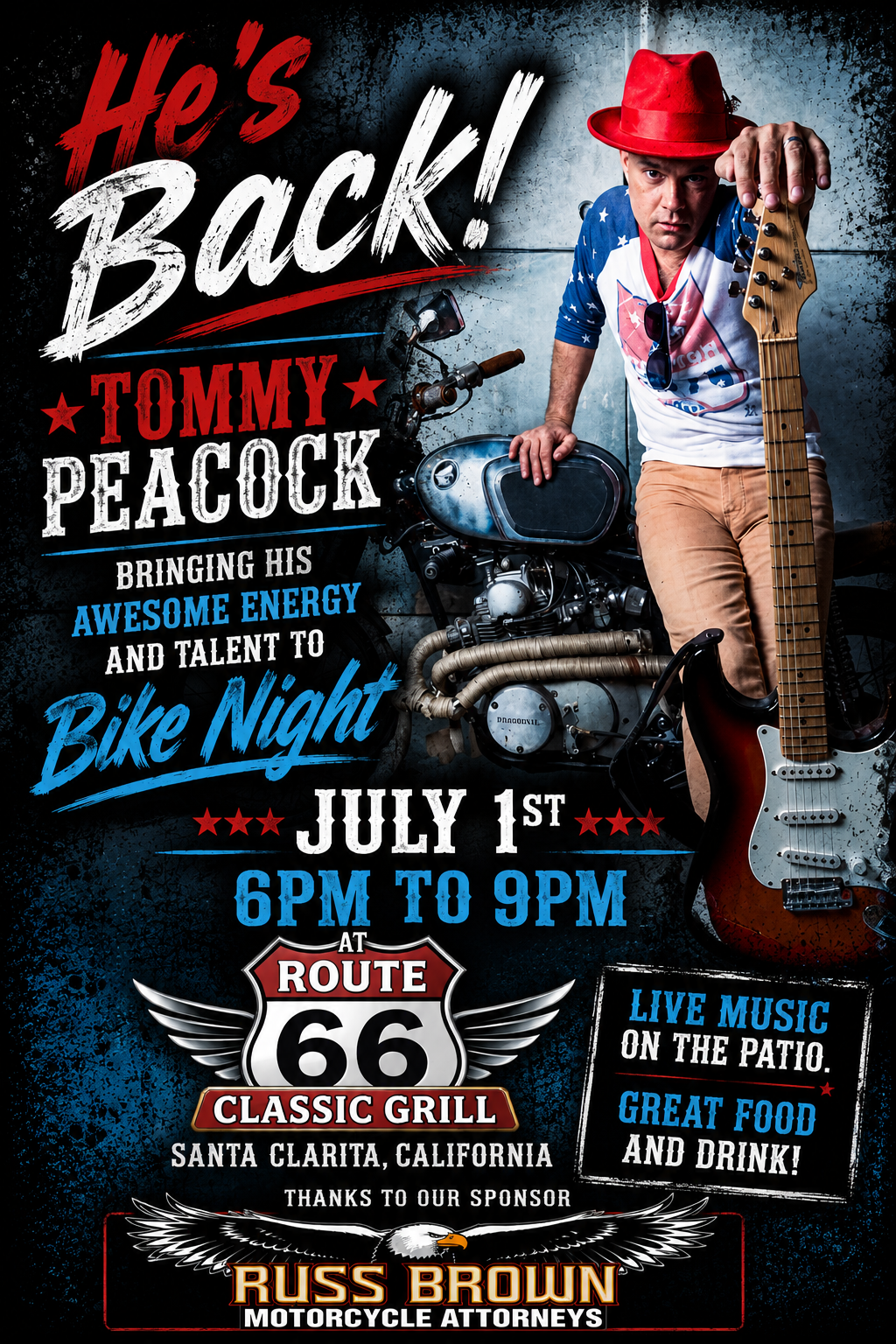 Wednesday July 1st live music by Tommy Peacock at 6pm