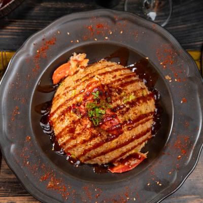 Shrimp lobster stir fry, top view.