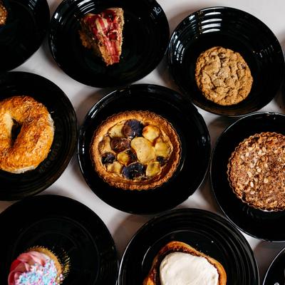 Assorted baked goods, top view.