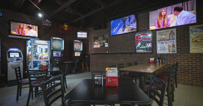 Seating area, TVs on the wall