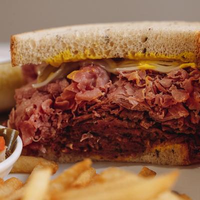Morry’s Ultimate Reuben Sandwich, closeup.