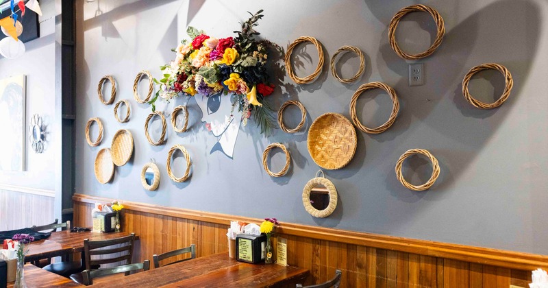 Interior, decorated wall, table and chairs