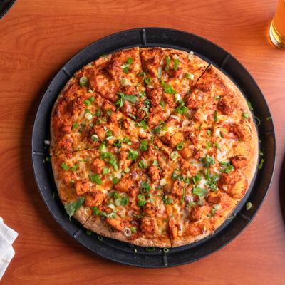 Whole Chicken Tikka Pizza, overhead view.