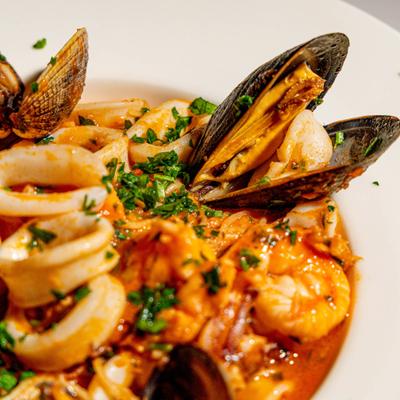 Plate of seafood pasta.
