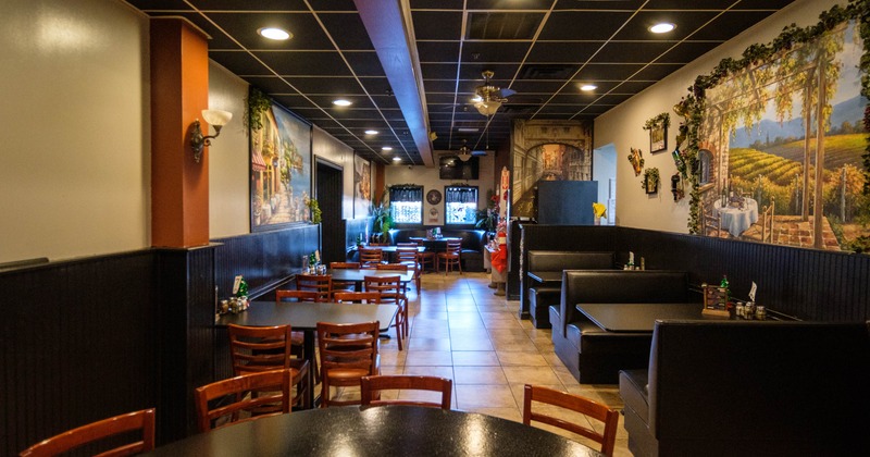 Interior, chairs, tables and restaurant booths