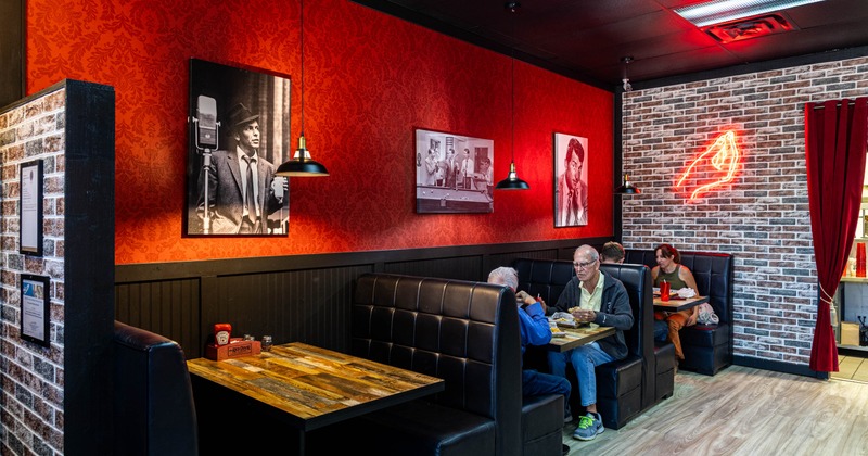 Interior, seating booths lined up