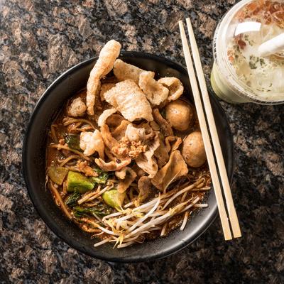 Thai Boat Noodle Soup and Matcha Boba Tea.
