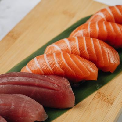 A platter of salmon and tuna sashimi.