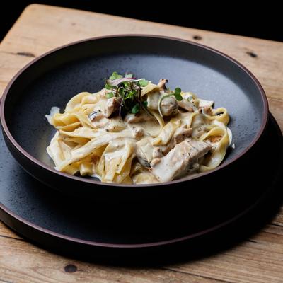 Fettucine alfredo in dark plate