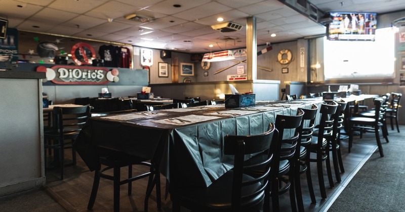 A dining area, set up tables