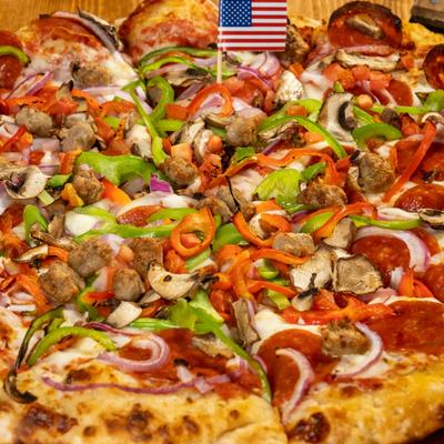 Supreme pizza, close-up.