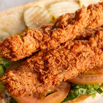 Fried chicken sandwich, close up shot.