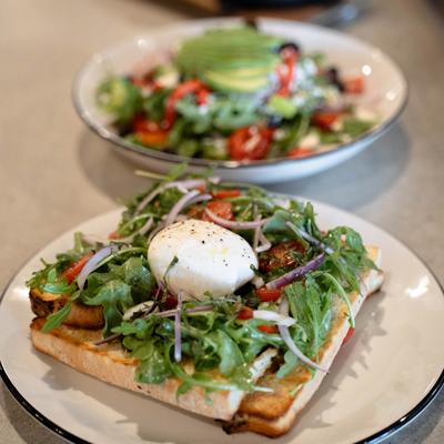 Tomato & Bread and Insalata Mista salad plates.