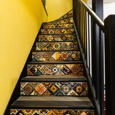Mosaic tiled staircase.