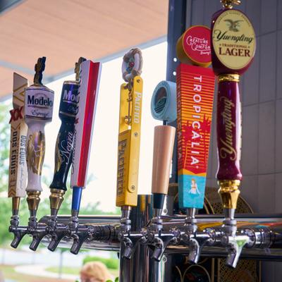 Row of beer tap handles behind the bar, close view.