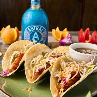 Baja Tacos served with rice and beans.