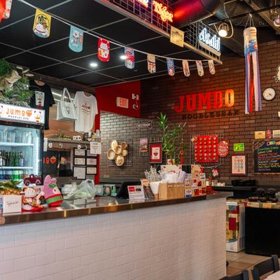Counter table with various merchandise.