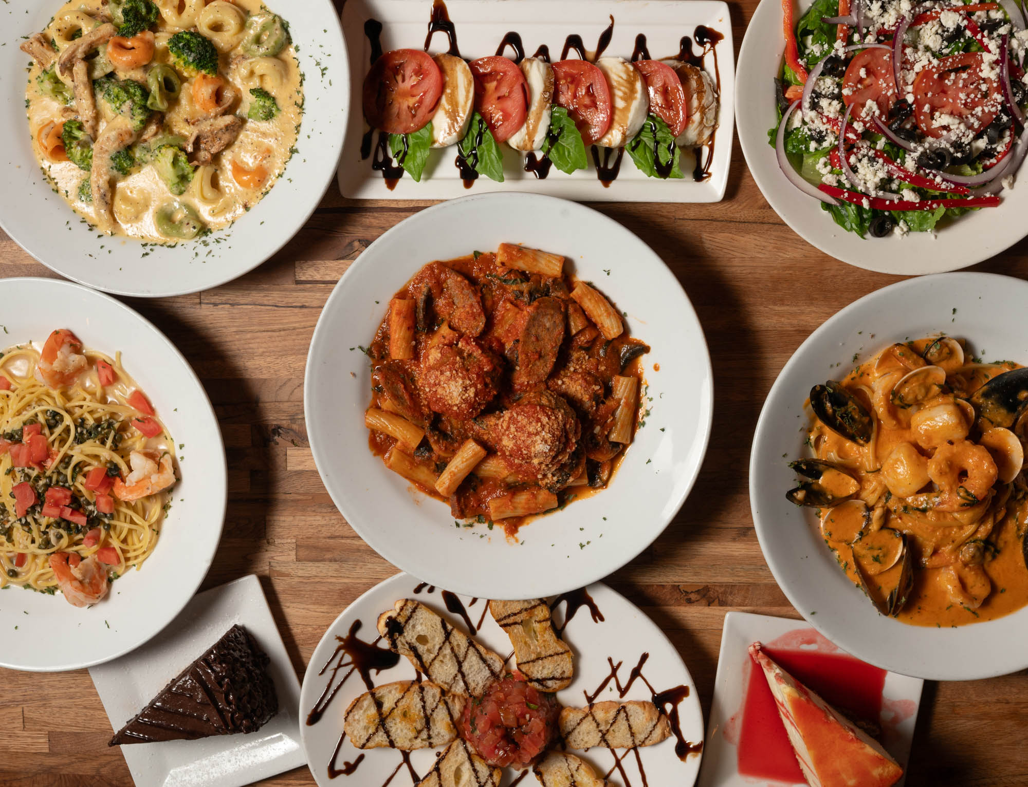 Table with different dishes, top view