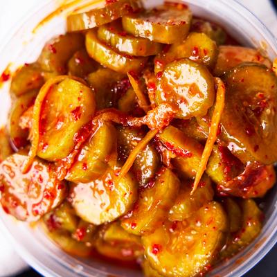 Spicy pickled cucumbers.