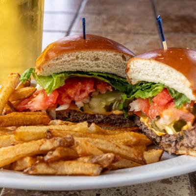 Brickside Burger served with fries.