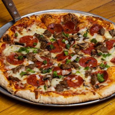 SpecialPizza w/ pepperoni, sausage, green peppers, onions, mushrooms.