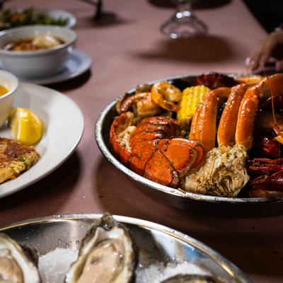 Different food dishes served on the table.