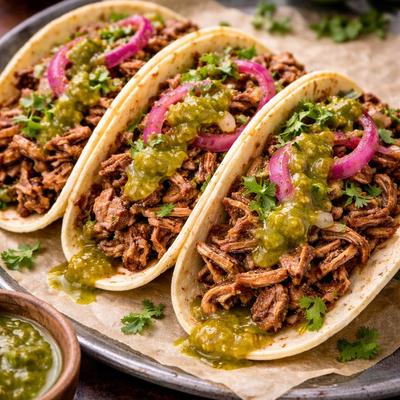 Carnitas Taco topped with green salsa, cilantro and pickled red onion.