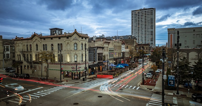 Exterior, aerial view to crossroads and cormer of restaurant, entrance