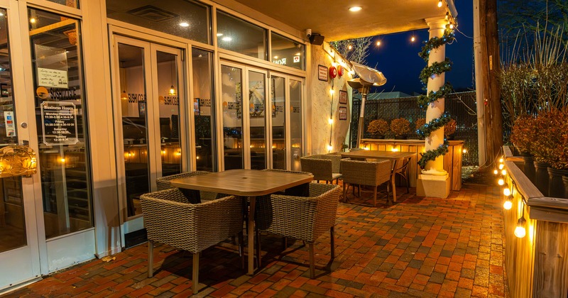 Exterior, covered patio, dining tables and chairs, decoration