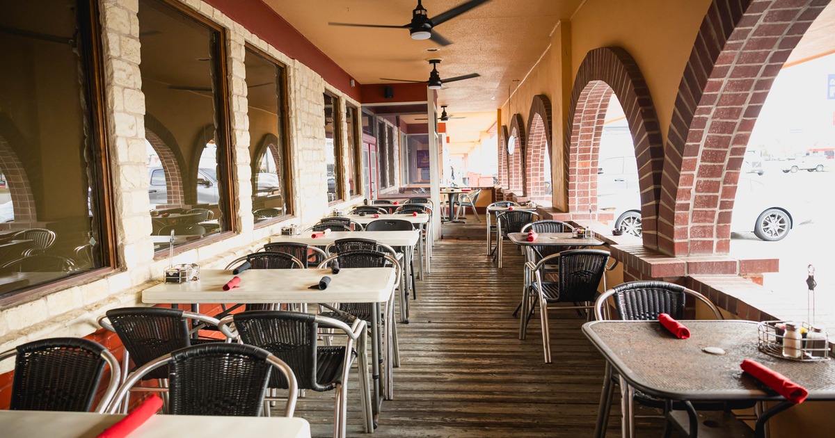 Outdoor, covered patio with tables and chairs