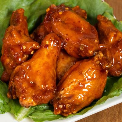 Smoked wings in honey BBQ sauce.