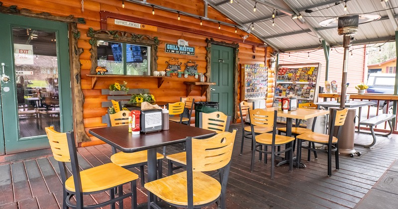 Covered patio with dining tables